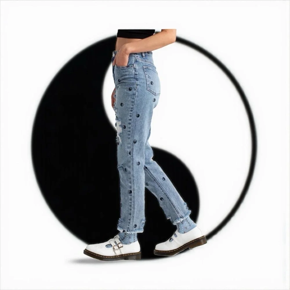 Tinseltown Juniors Sz 9 The Mom Jeans Blue Hi-Rise Yin & Yang‎